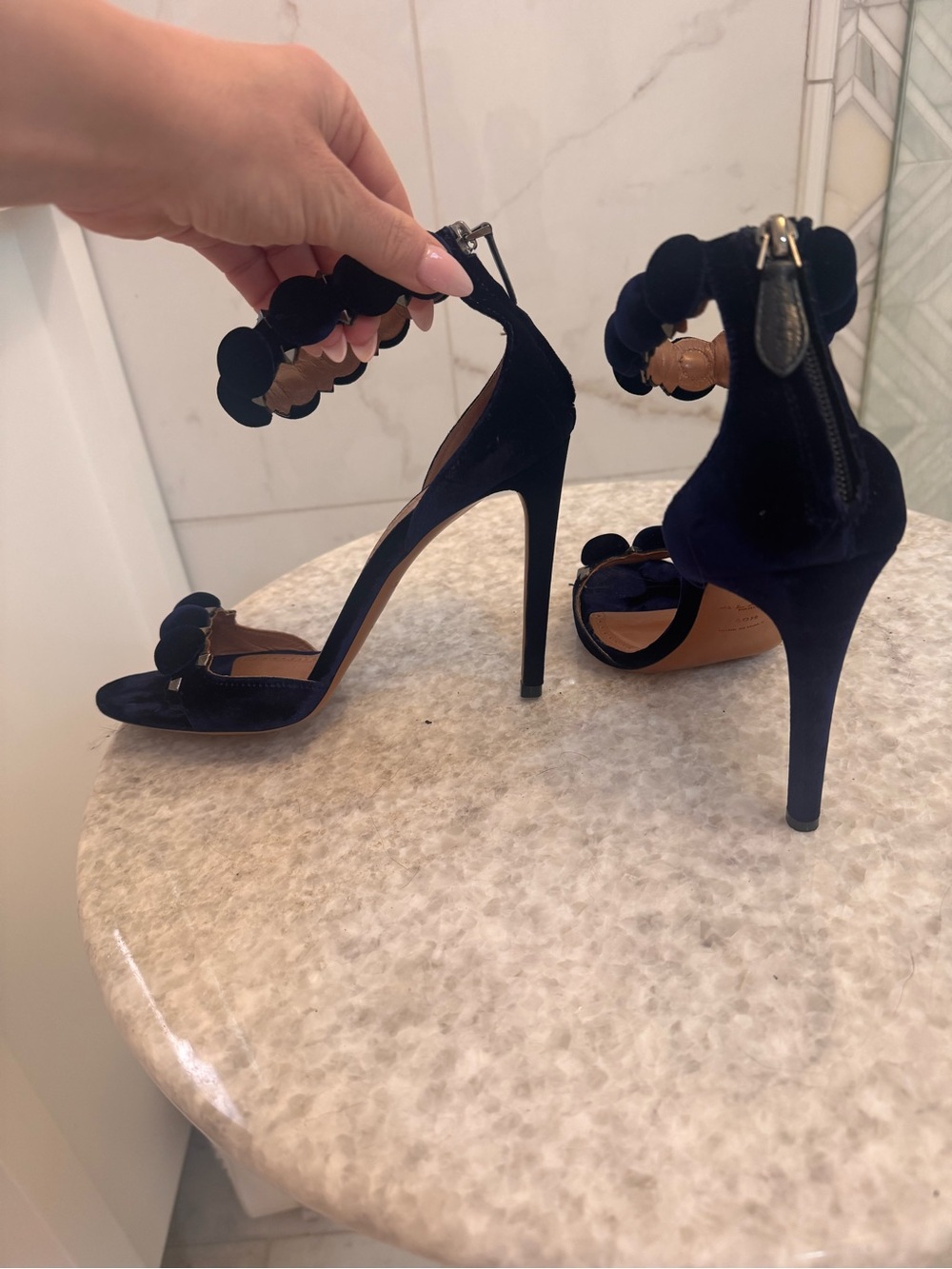 Alaia Navy Satin Pom-Pom Ankle-Strap Heels - Picture 12 of 16